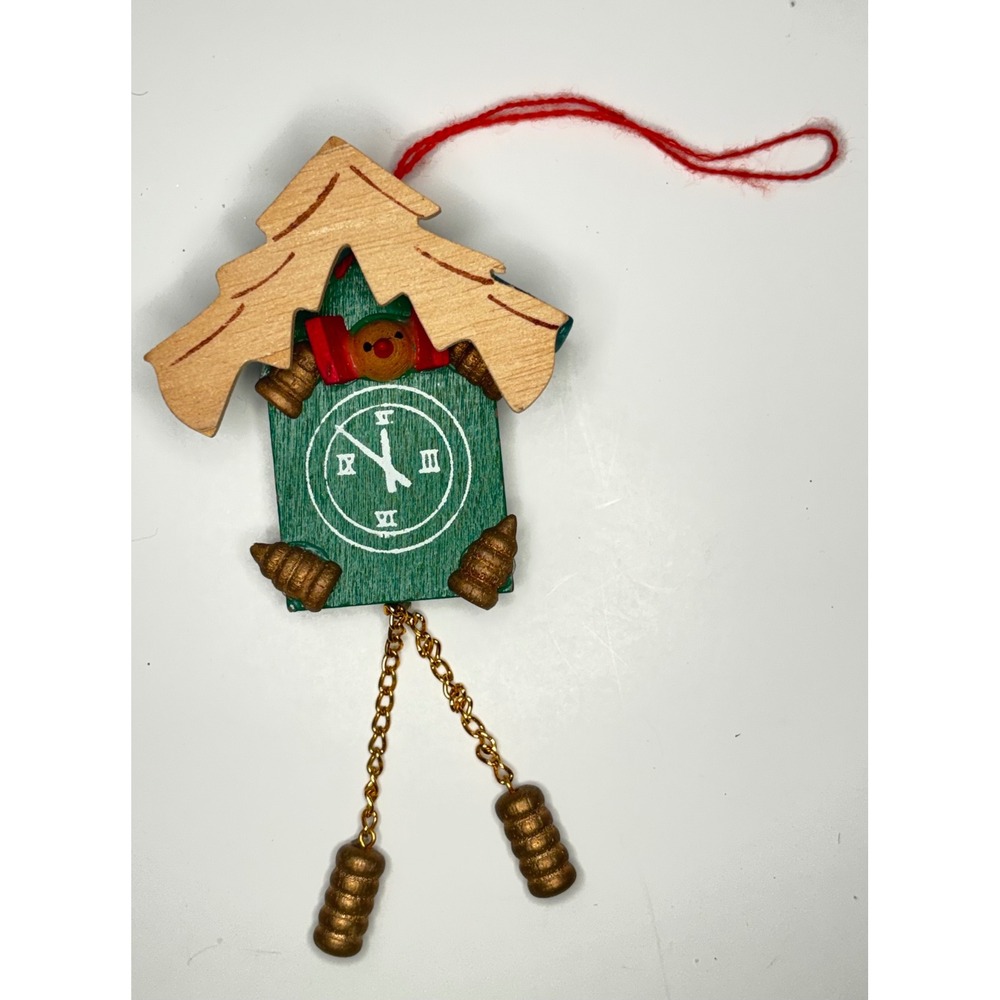 Vintage Wooden Cuckoo Clock Christmas Ornament Green Gold Hand Painted Alpine